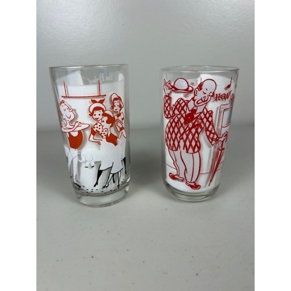 Vintage Mid-Century Musical Highball Glasses Flying Trapeze How Dry I Am Set 2